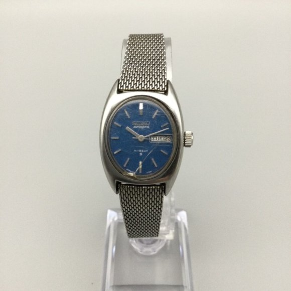 Vintage Seiko Automatic Watch Women Silver Tone Date Blue Oval Dial Mesh Band - Picture 2 of 12